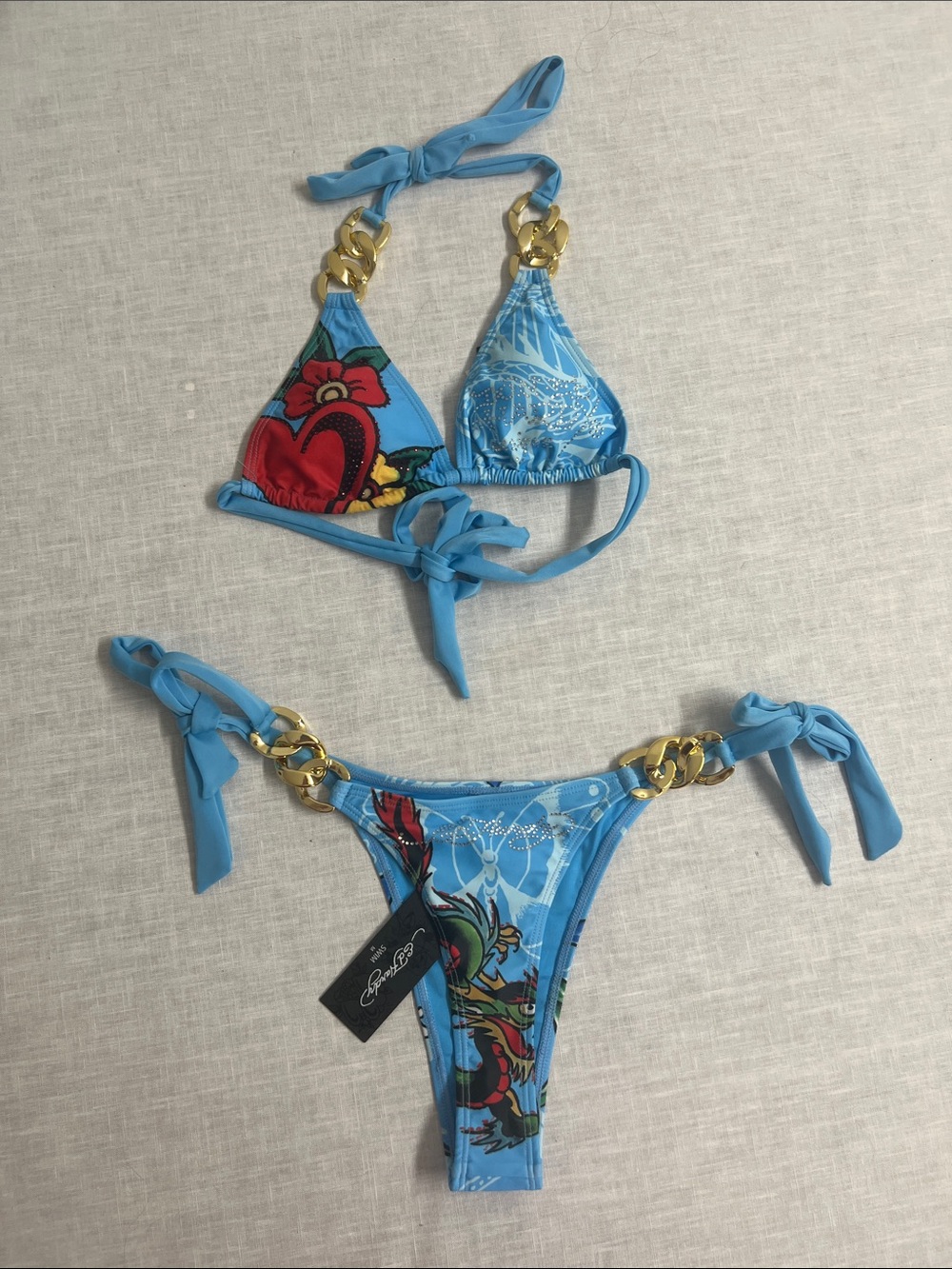🌞 Ed Hardy NWT y2k Blue Graphic Triangle Bikini  Gold Chain Accents women size M